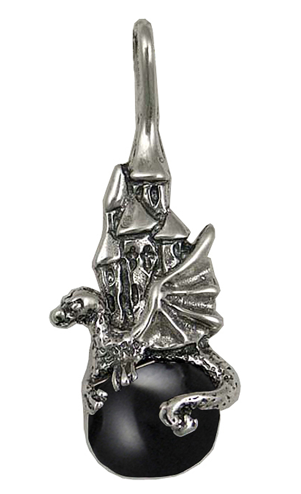 Sterling Silver Castle And Dragon of Prosperity Pendant With Black Onyx